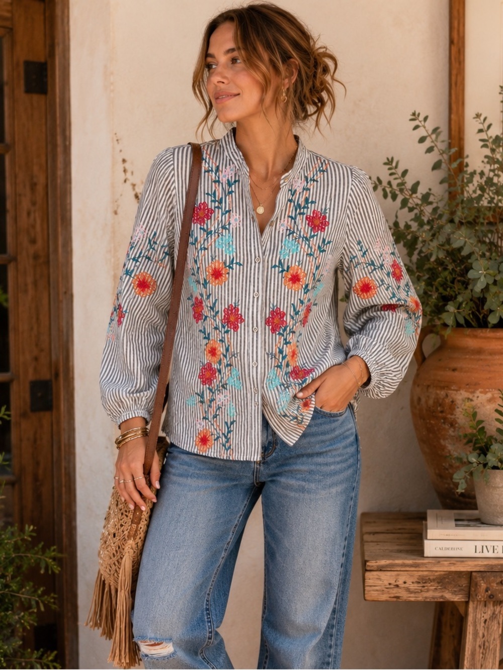 Savanna Jane Embroidered Floral Stripe Cotton Button Front Blouse Boho Small
